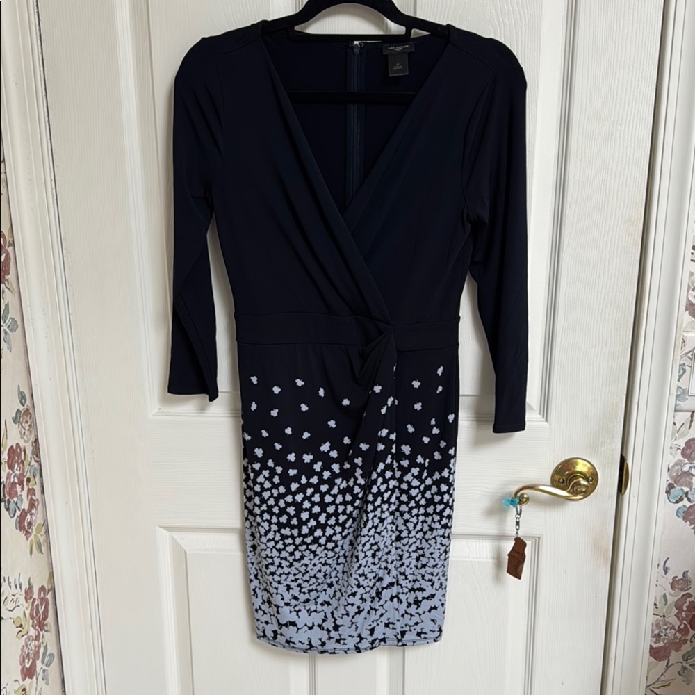 Ann Taylor Navy and White Bodycon Wrap Dress with V-Neck
